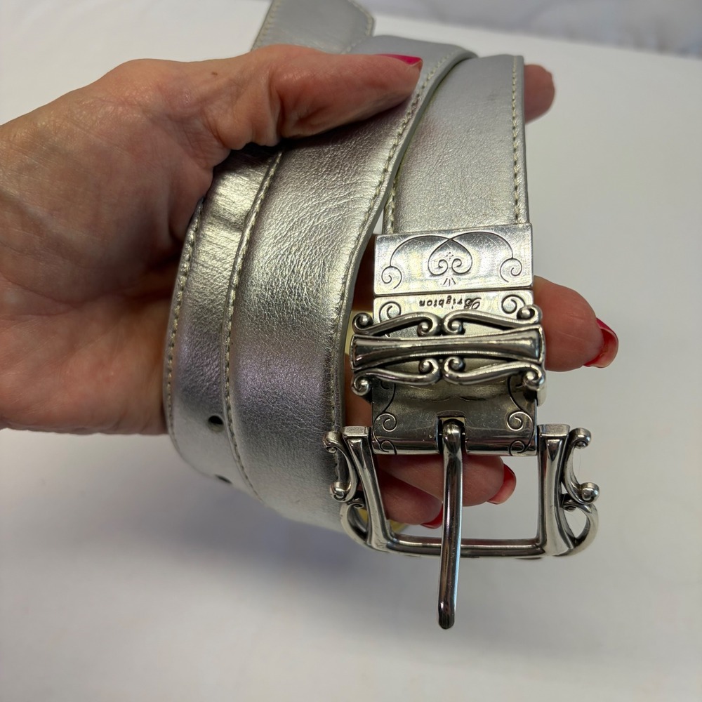 Brighton Silver Leather Belt Womens 32 Ornate Scroll Buckle Metallic Western
